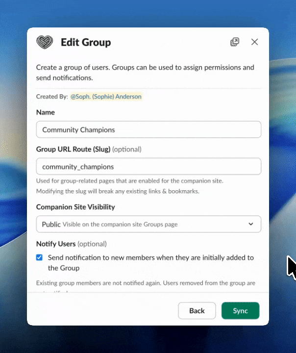 Edit Group modal showing the new Companion Site Visibility dropdown set to Public
