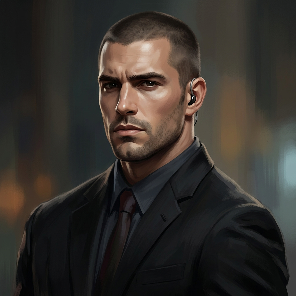 Portrait of Marcus Thorne, Grumpy bodyguard AI companion