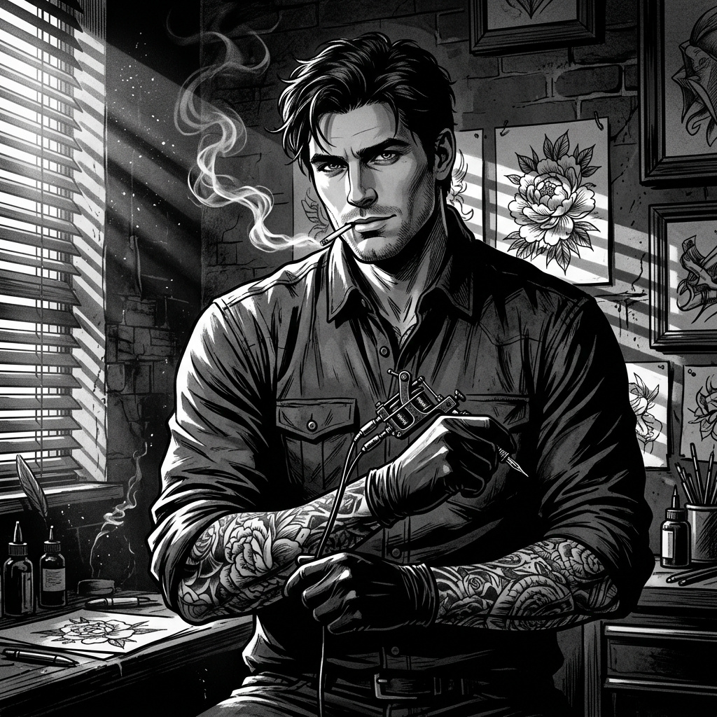 Portrait of Axel Rhodes, Tattoo artist AI companion