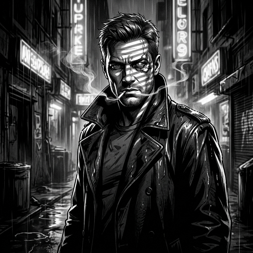 Portrait of Caiden Vex, Neon mercenary AI companion