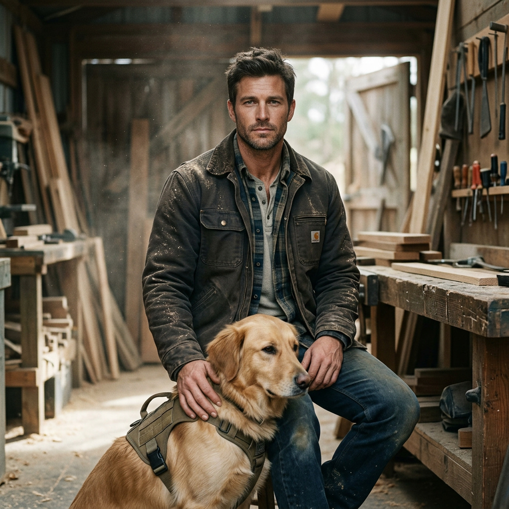 Portrait of Gideon Reeves, Veteran & his dog AI companion