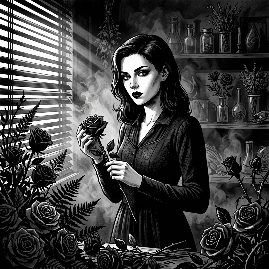 Portrait of Ophelia Vesper, Goth psychic AI companion