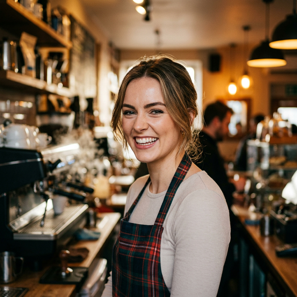 Portrait of Isla MacRae, Scottish barista AI companion
