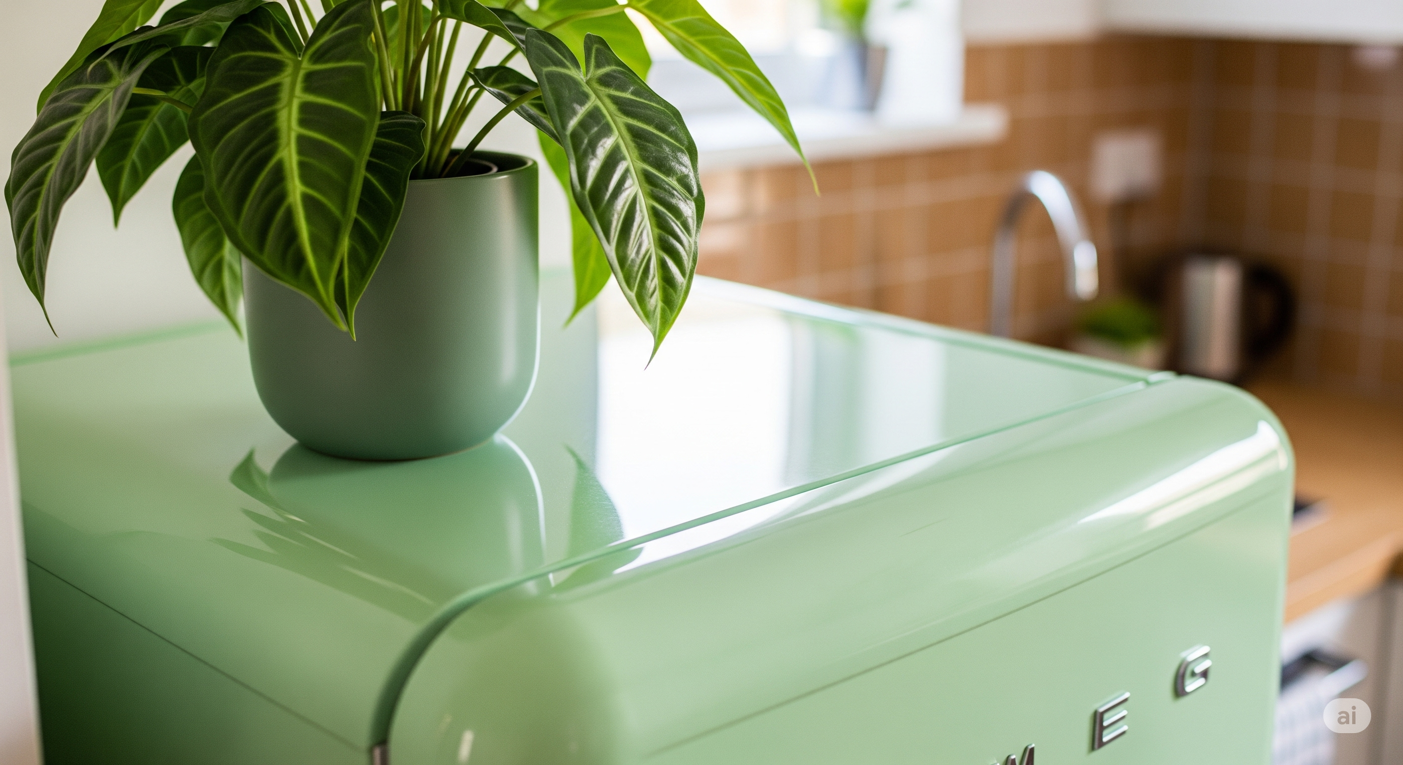 retro-style, pastel green refrigerator in a small kitchen