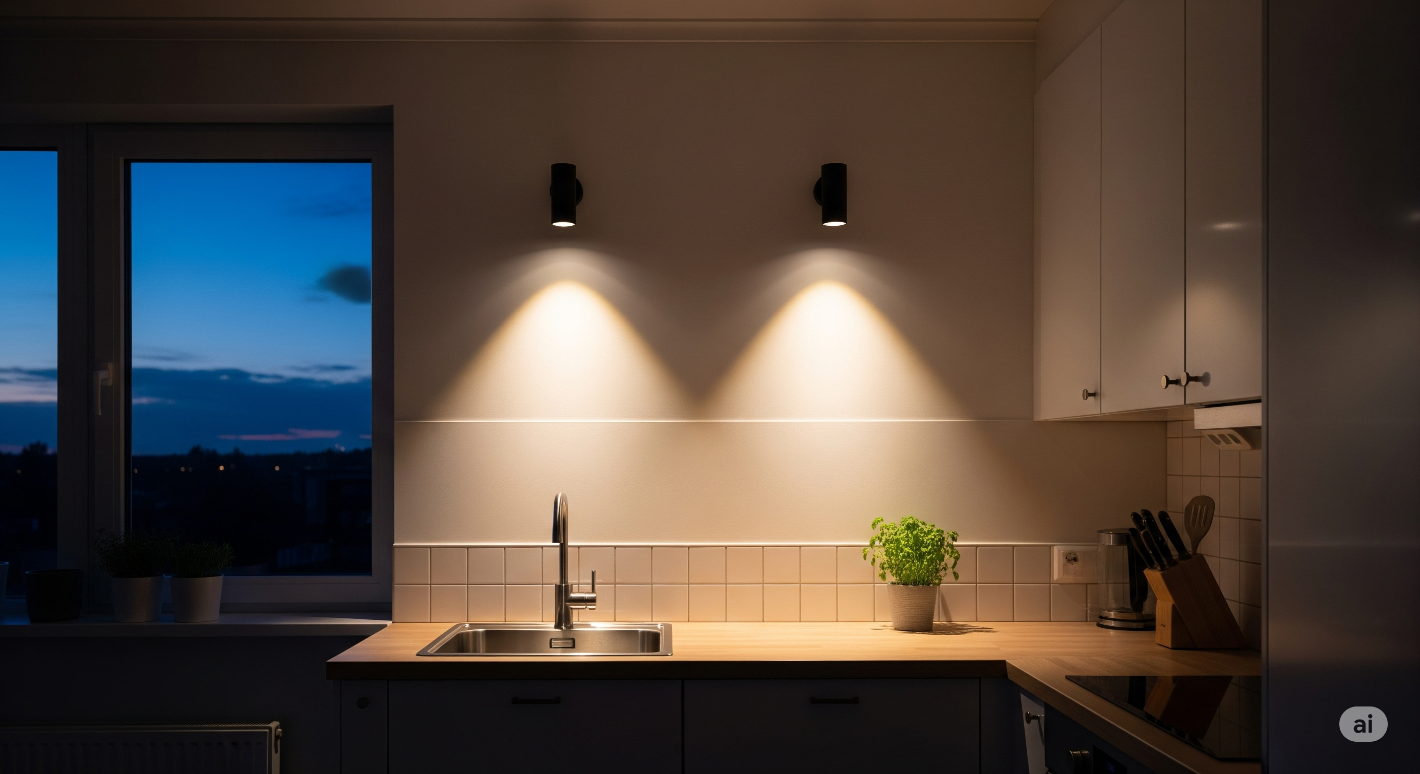 A modern small kitchen at dusk. The main lights are dim, but two sleek