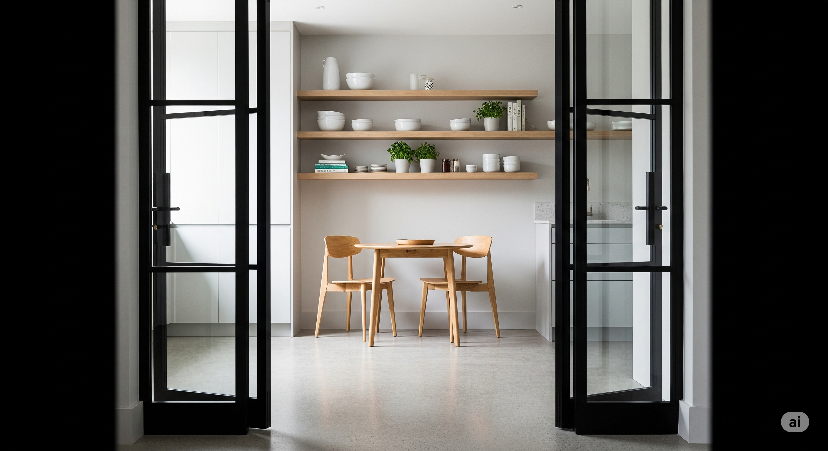 small, elegant kitchen through a pair of tall