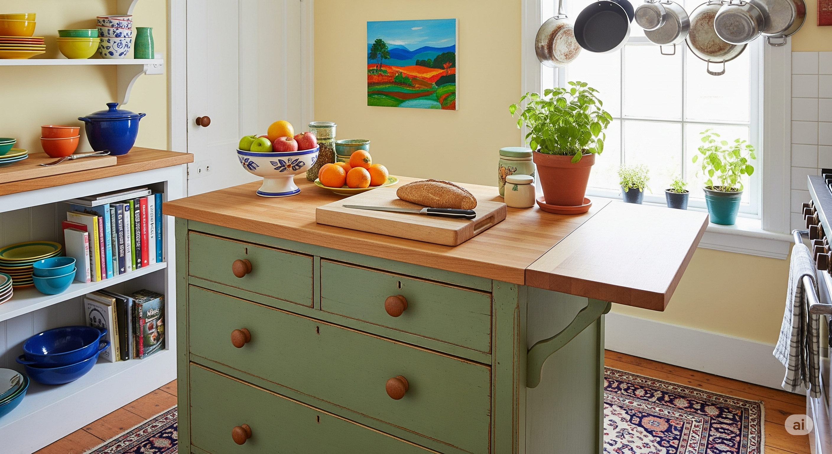 vintage wooden dresser being used as a freestanding island in a small, eclectic kitchen.