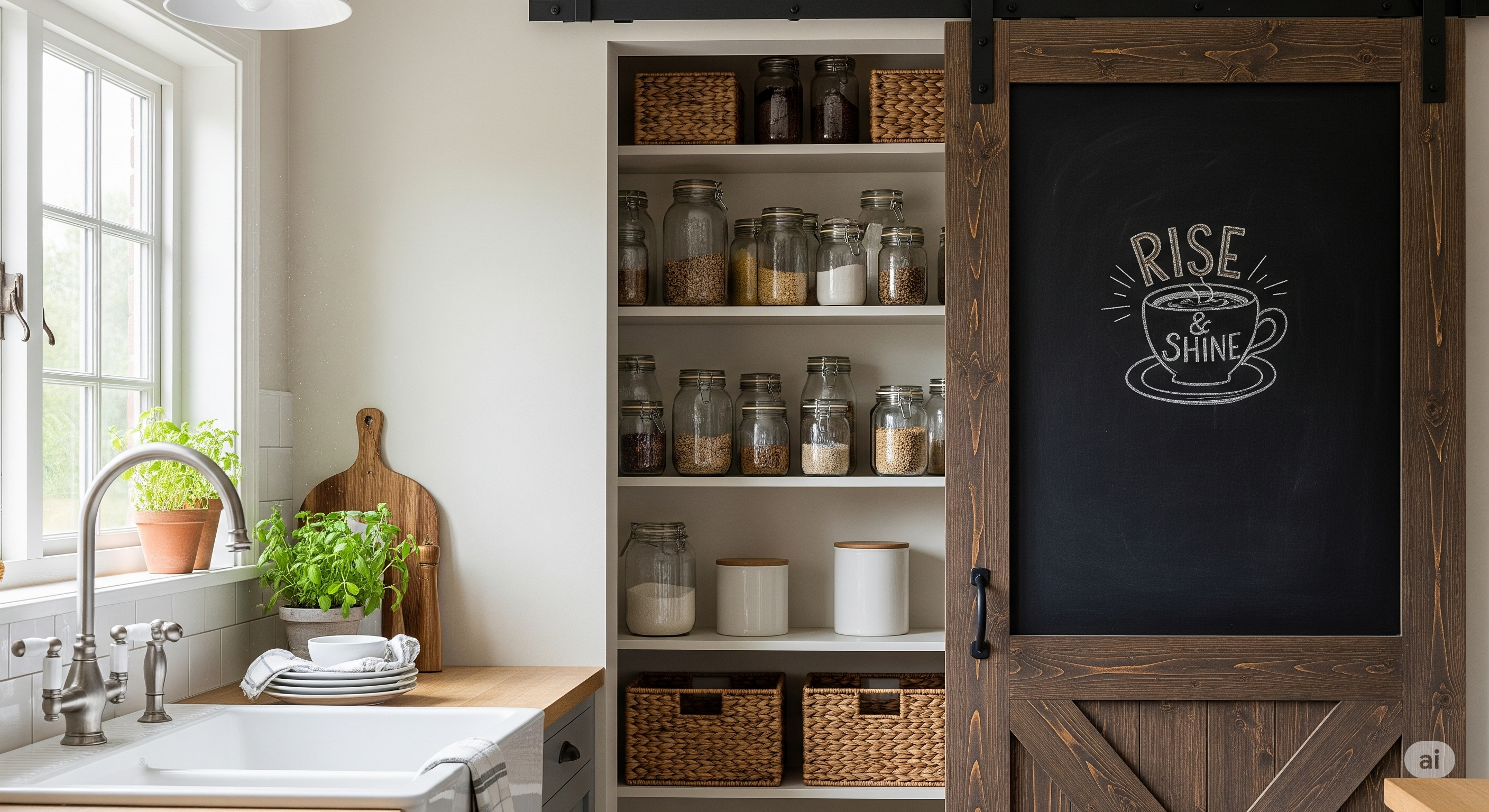 A small kitchen featuring a wall of open pantry shelves filled with jars and baskets