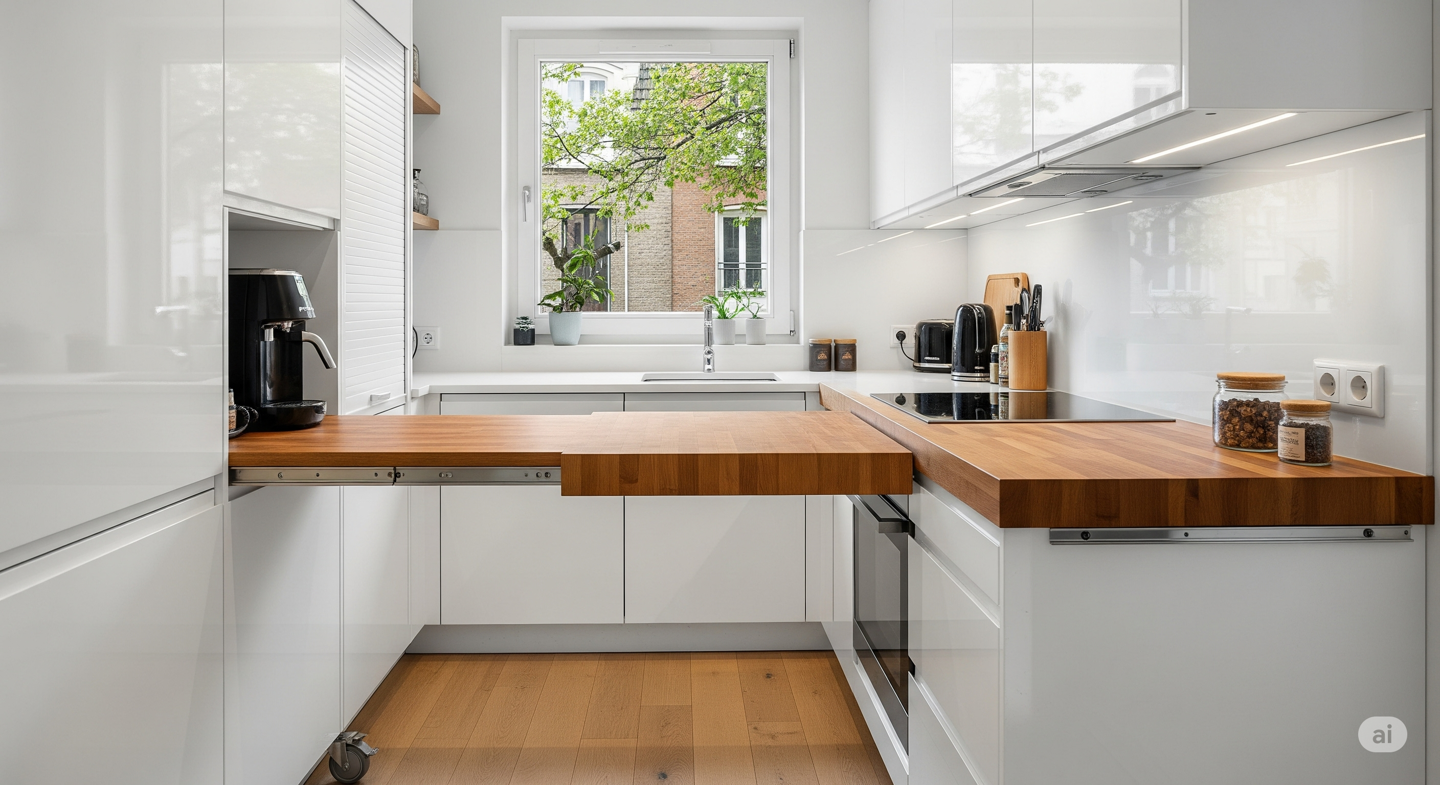 A shot of an innovative small kitchen where a section of the countertop is on wheels.