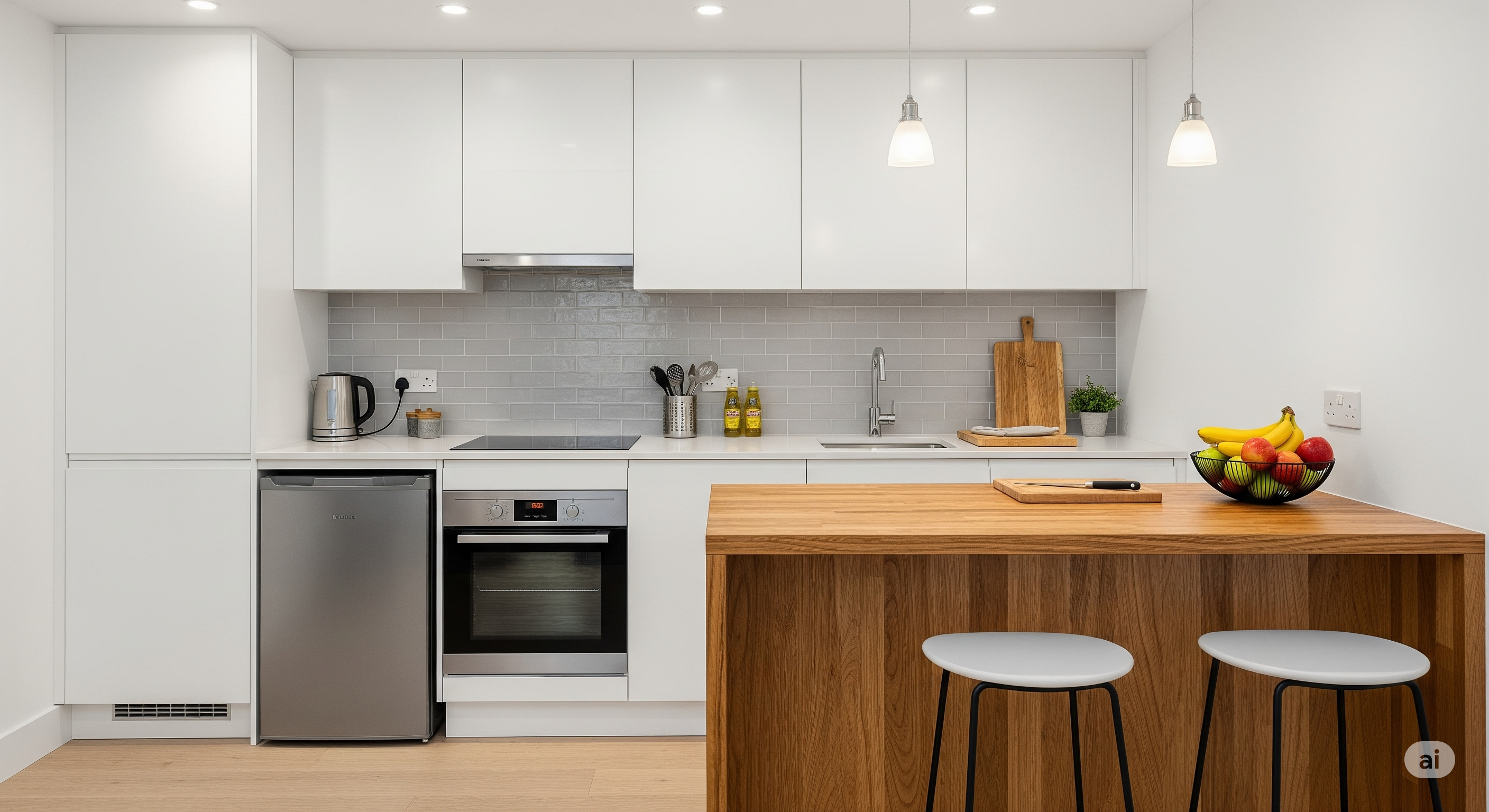 A small studio apartment kitchen that runs along a single wall.