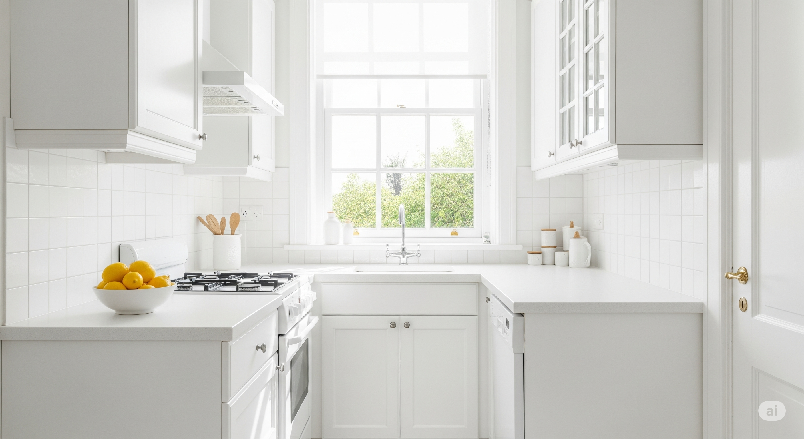 A stunning, all-white small kitchen bathed in bright, natural sunlight from a large window.