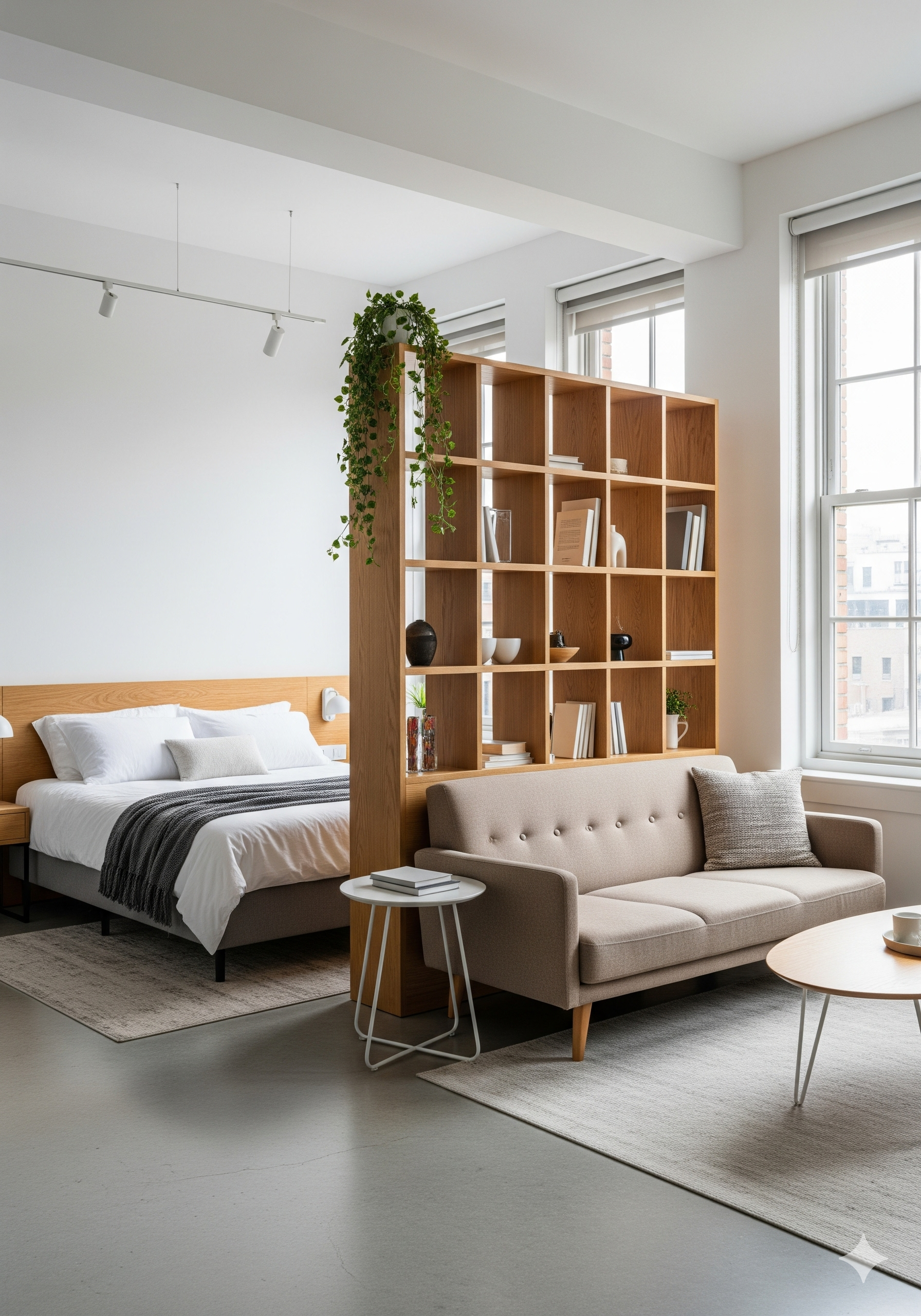 open-backed wooden bookshelf acts as a subtle room divider,