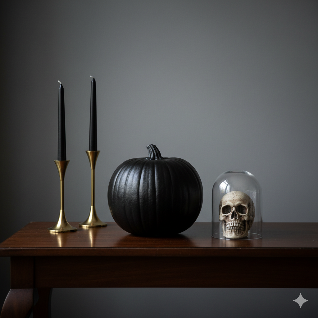An elegant and minimalist Halloween vignette on a dark wood console table.