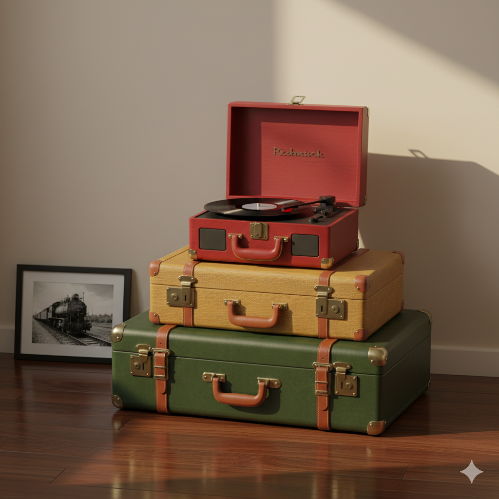 corner with vintage suitcases and a record player!