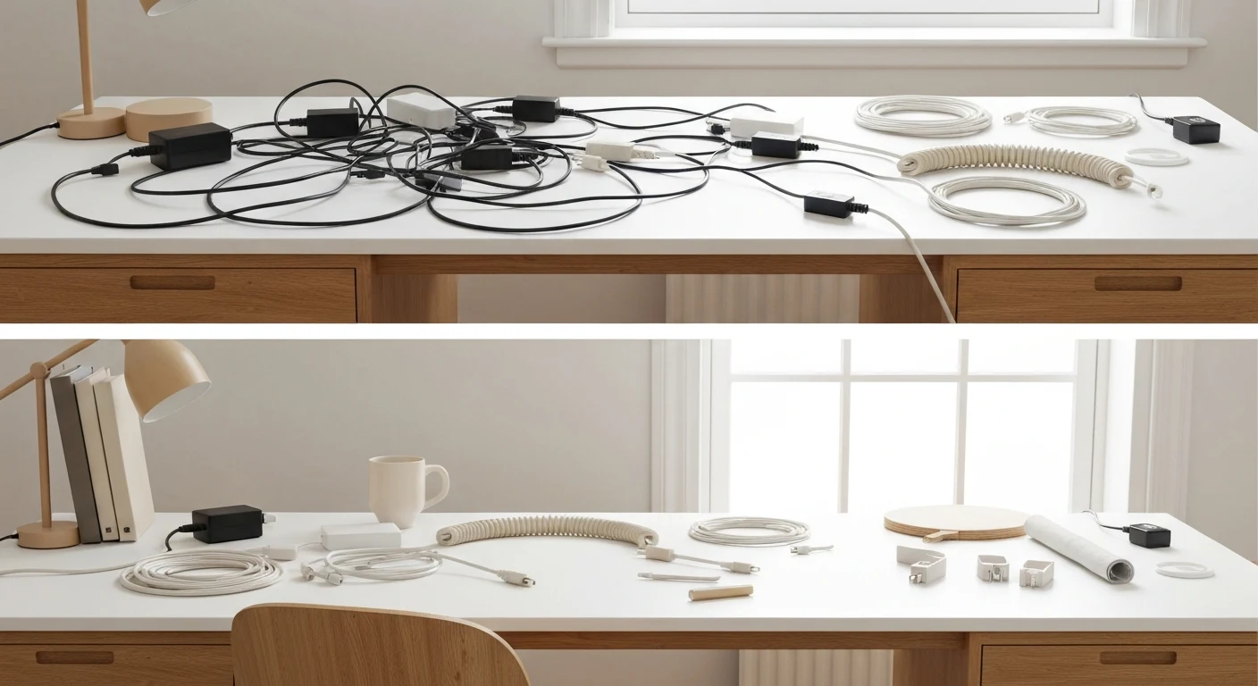 Before and after desk cable management comparison