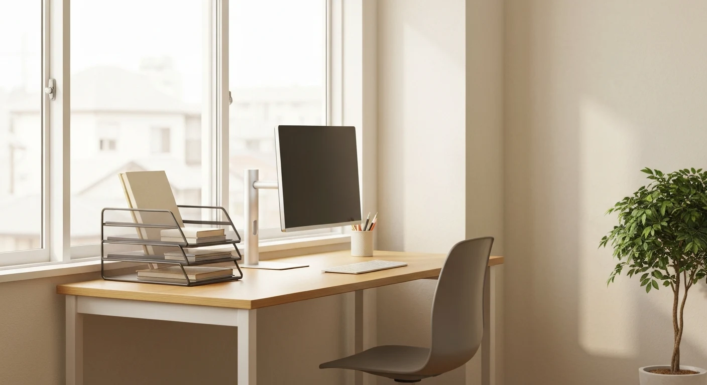 Well-organized desk with monitor stand, file sorter, and small plant