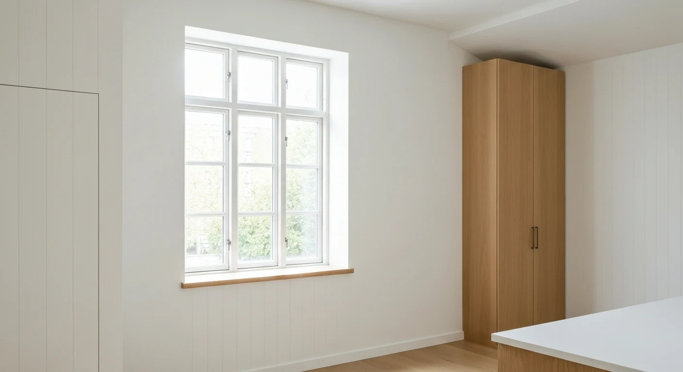 A bright, minimalist studio apartment with neutral tones, a loft bed, and clean surfaces