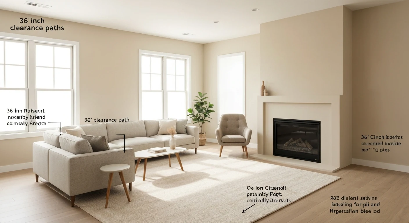 Small living room furniture arrangement diagram showing 36-inch clearance paths and rug anchoring