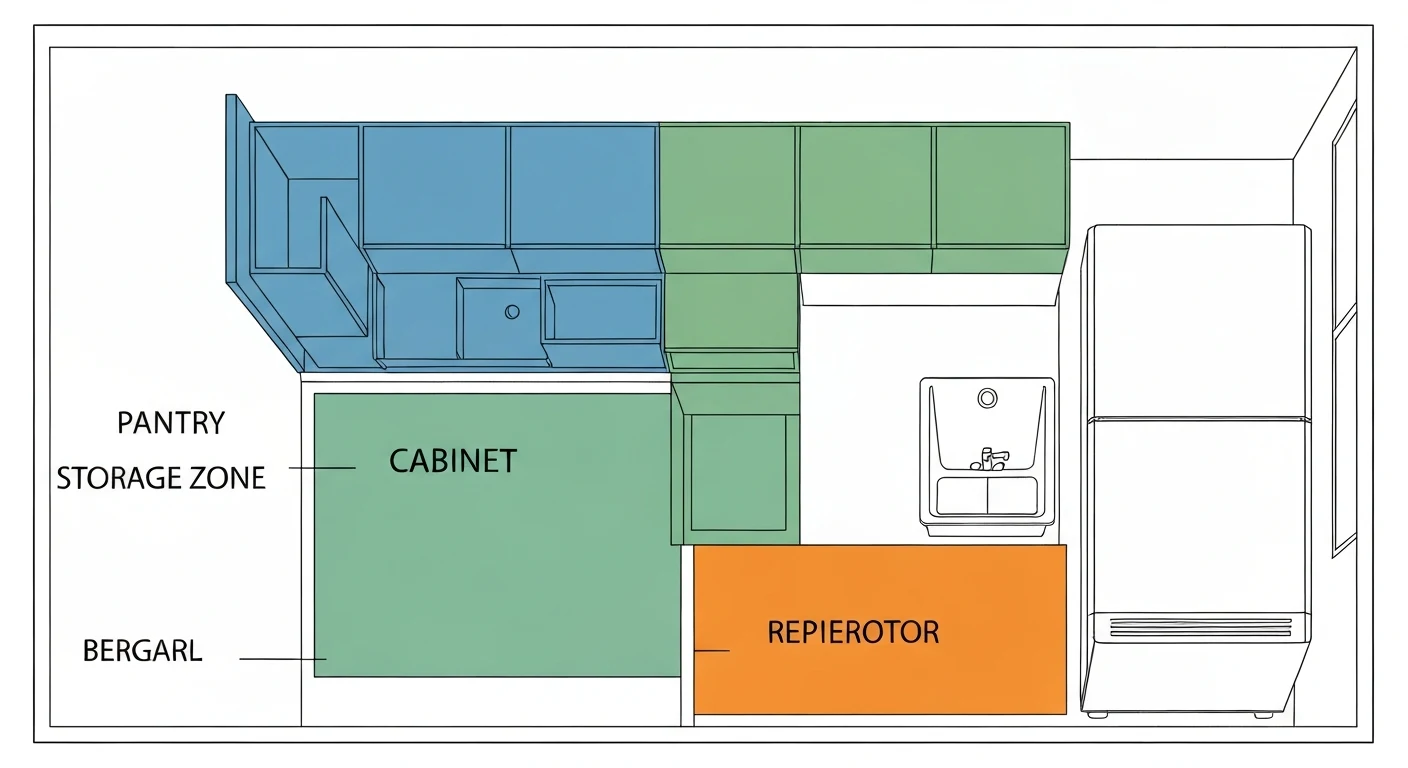 Overhead diagram of a small kitchen showing three labeled storage zones