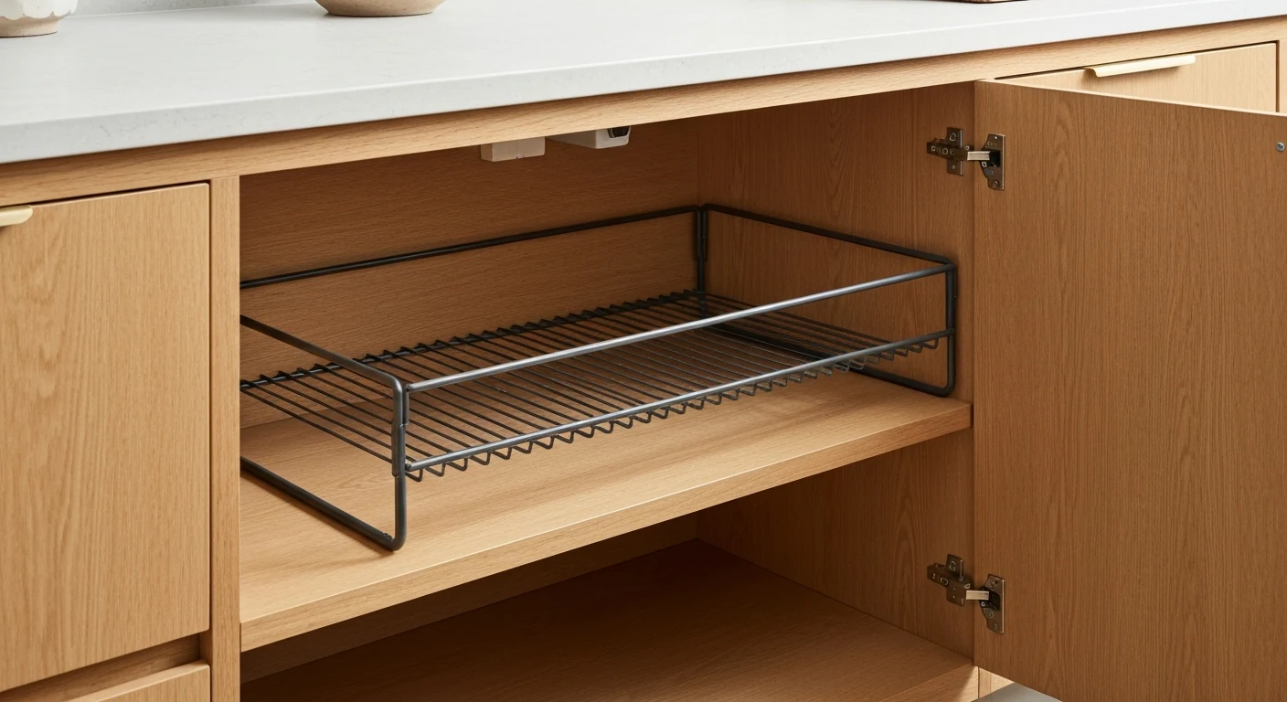Open upper cabinet with wire shelf riser doubling storage for plates and bowls