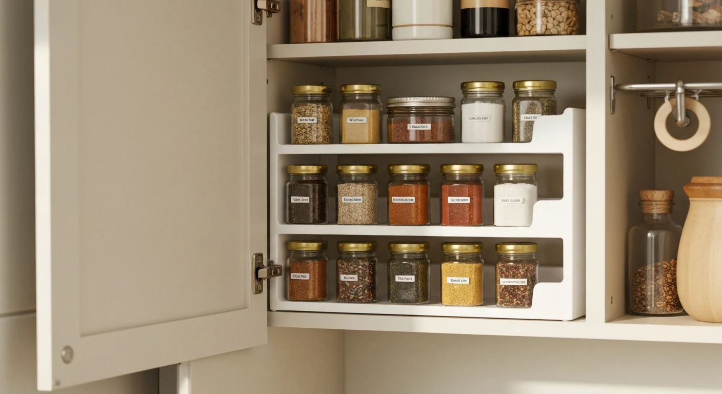 Inside of kitchen cabinet door with over-door spice rack organizer installed
