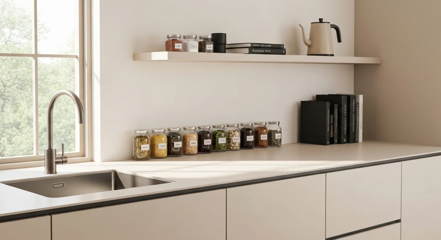 Small kitchen countertop with tiered shelf organizer and wall-mounted floating shelf above