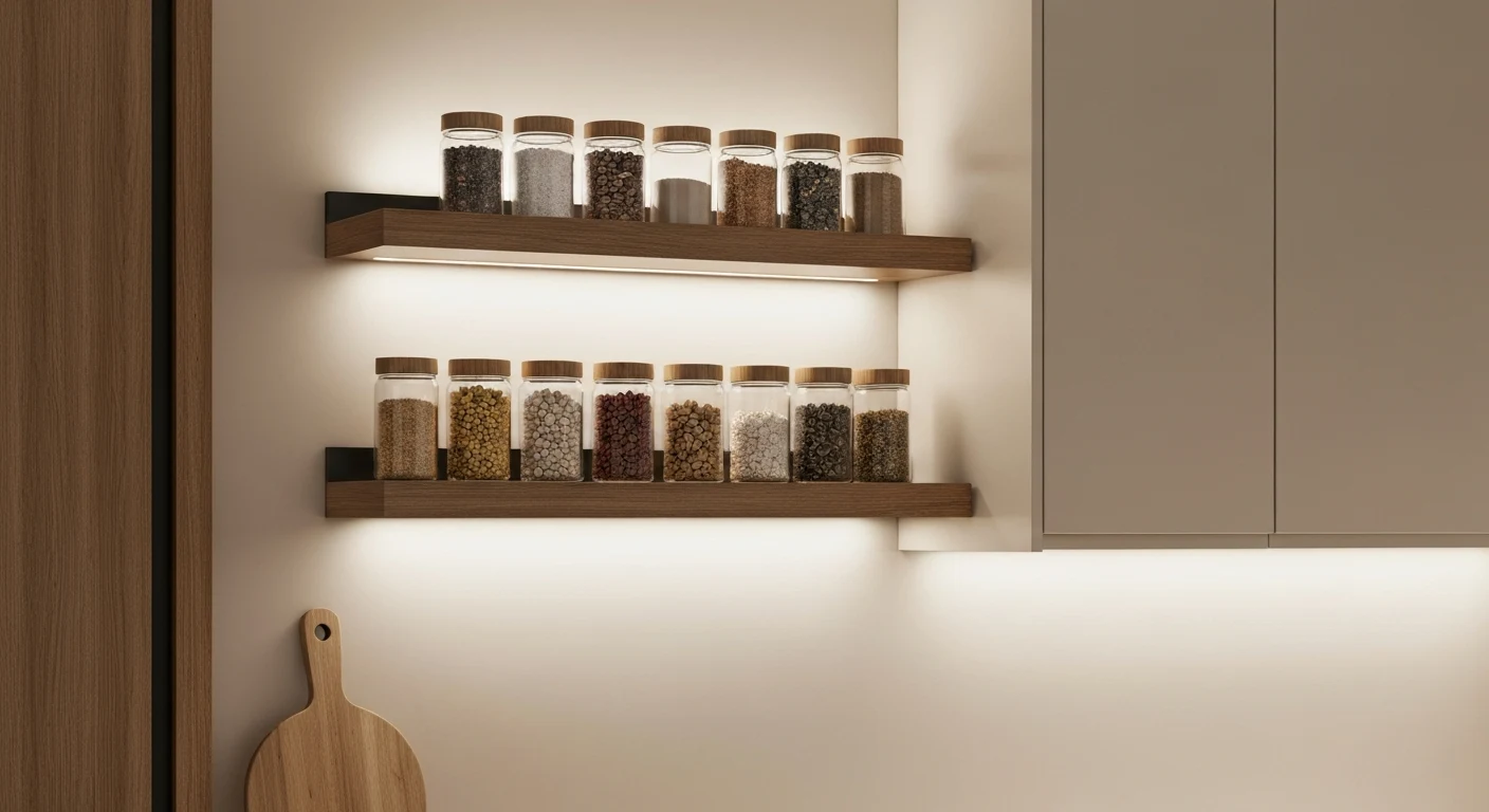 Narrow floating shelves mounted between upper cabinet and countertop holding spice jars