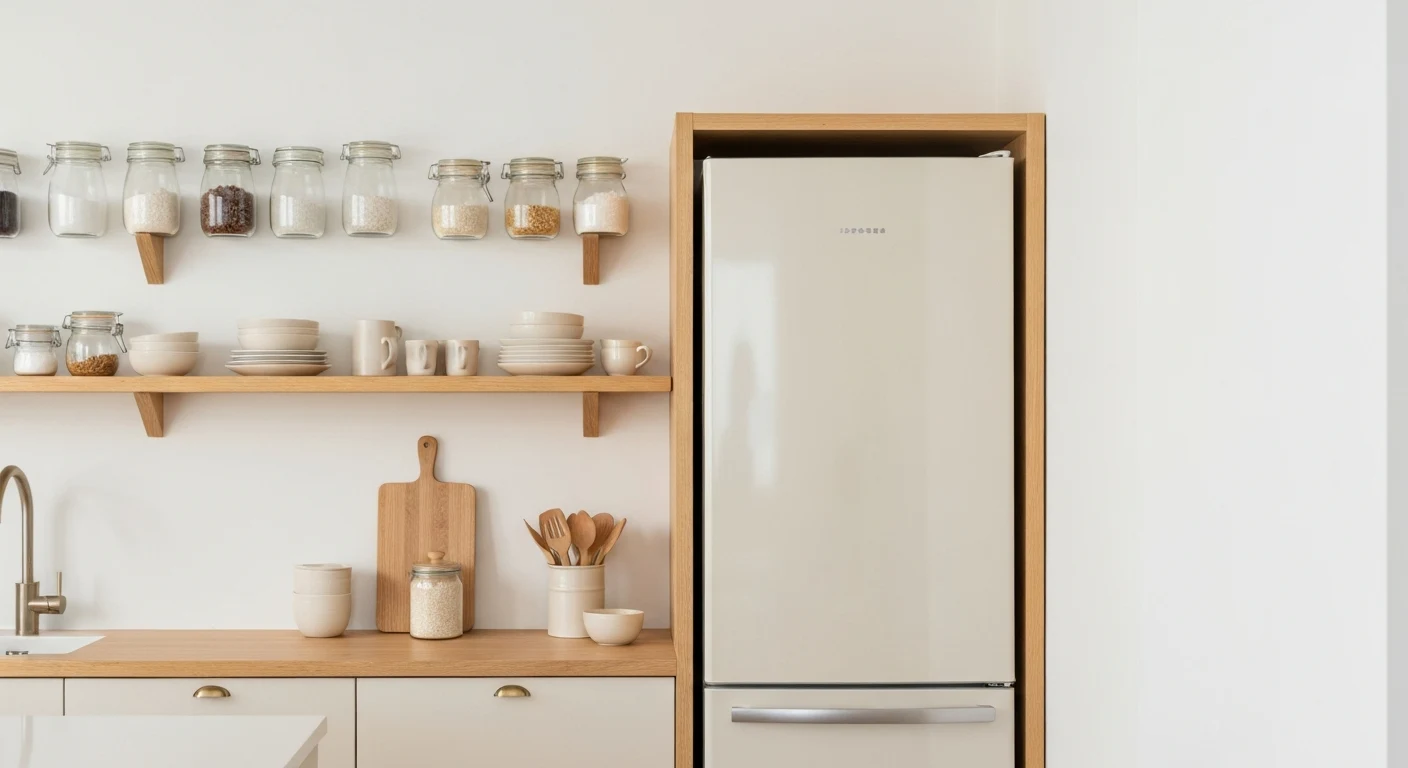 Open floating shelves on kitchen wall beside refrigerator with organized jars and dishes