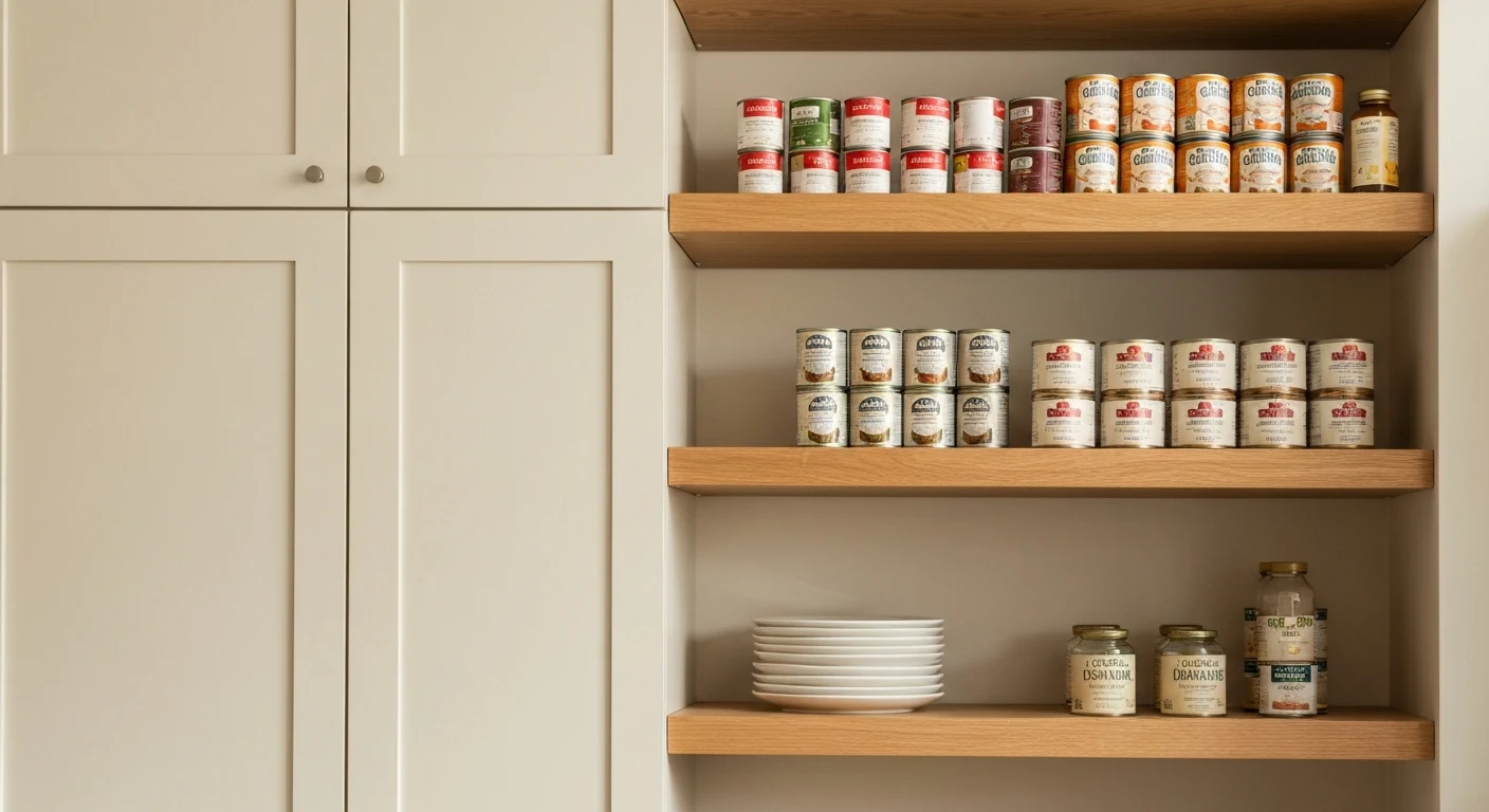 Recessed wall nook in kitchen converted to built-in shelving for canned goods and jars