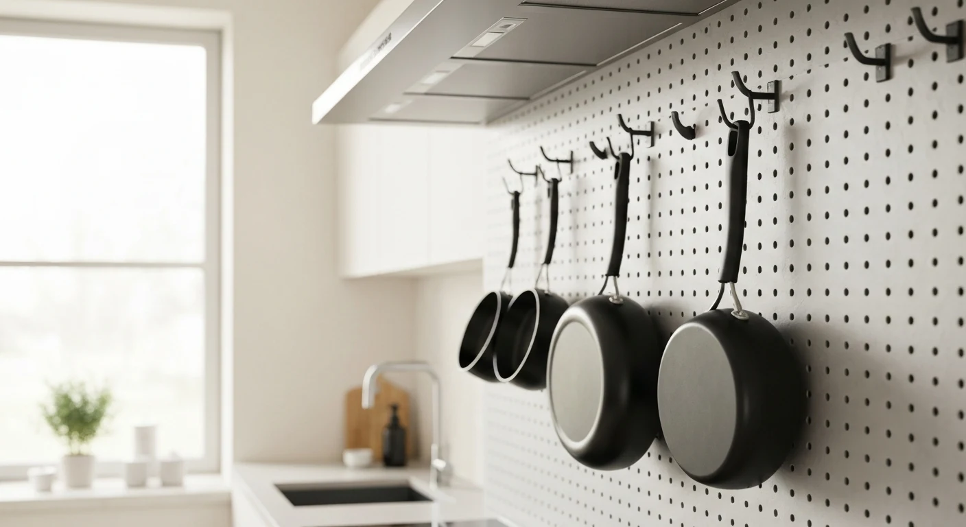 Kitchen pegboard wall with hanging pots, pans, and utensil hooks