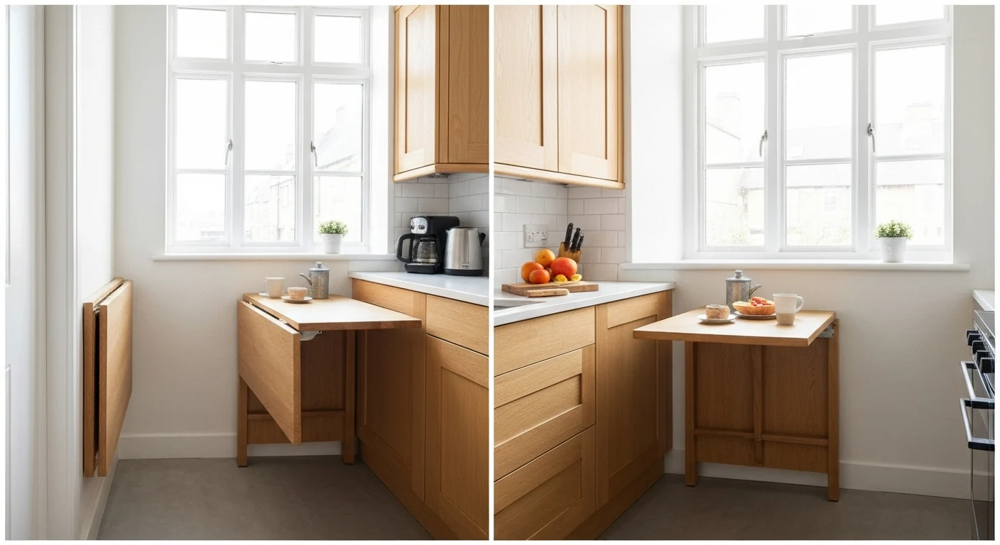 Wall-mounted fold-down table in small kitchen in folded and unfolded positions