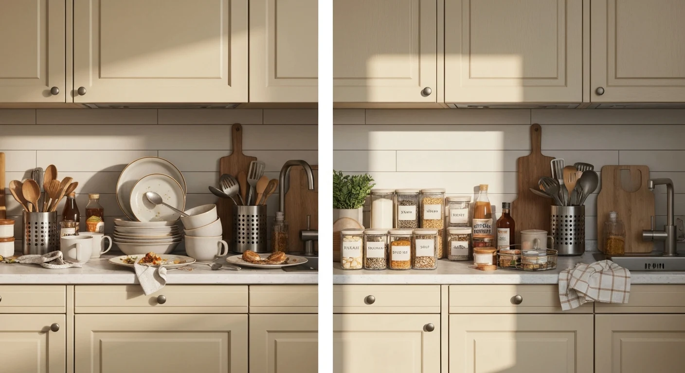 Cluttered small kitchen counter versus organized version side by side