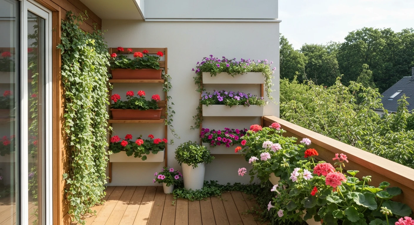 A lush small balcony garden with vertical wall planters, tiered shelving holding herbs, and colorful flower pots along t