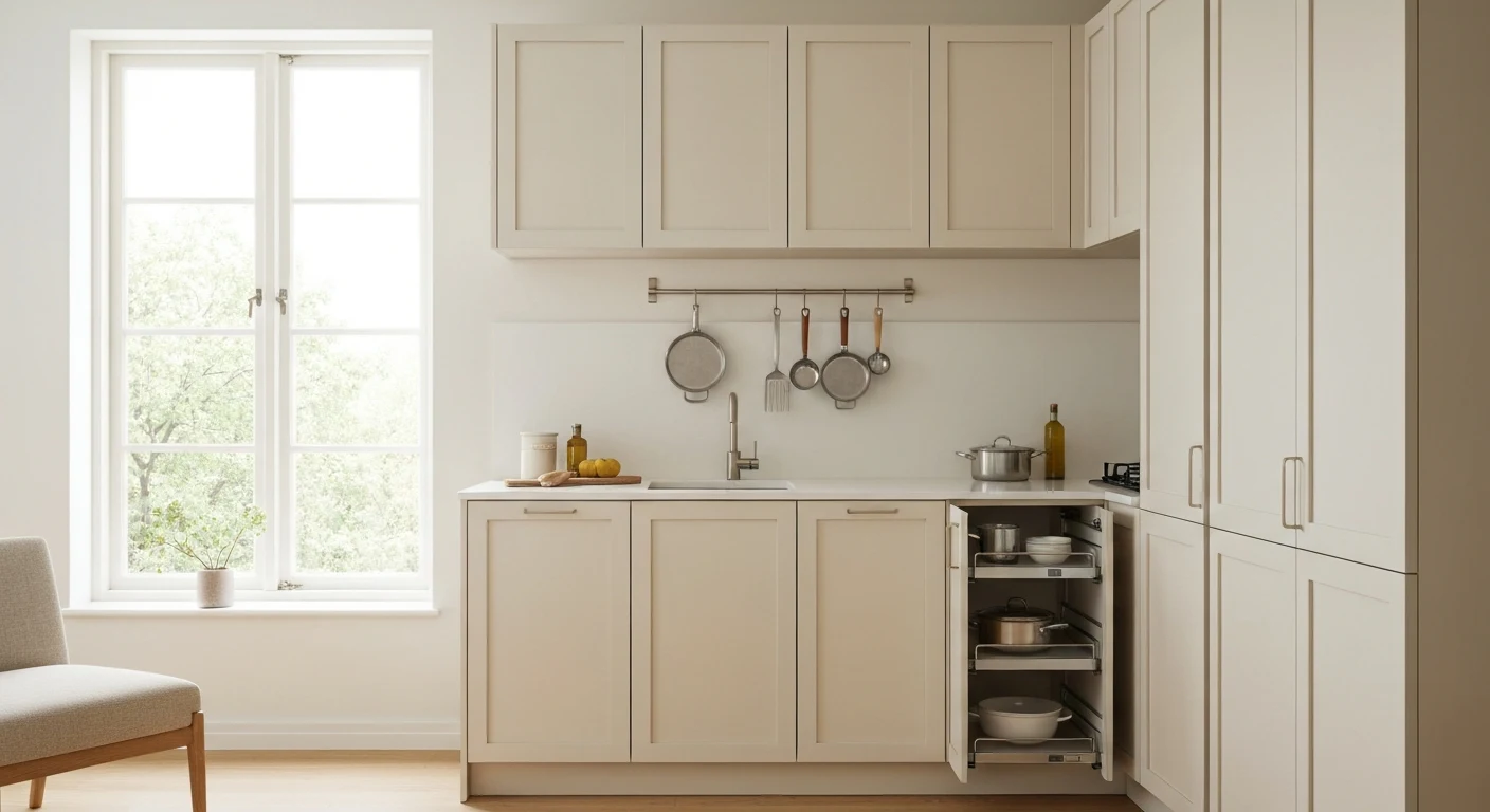 Tiny kitchen with floor-to-ceiling cabinets, pull-out shelving, and wall-mounted rail storage system