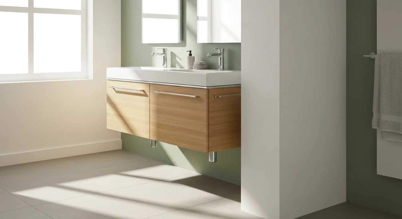 Small bathroom with white walls, pale sage accent wall behind the vanity, and light grout tile