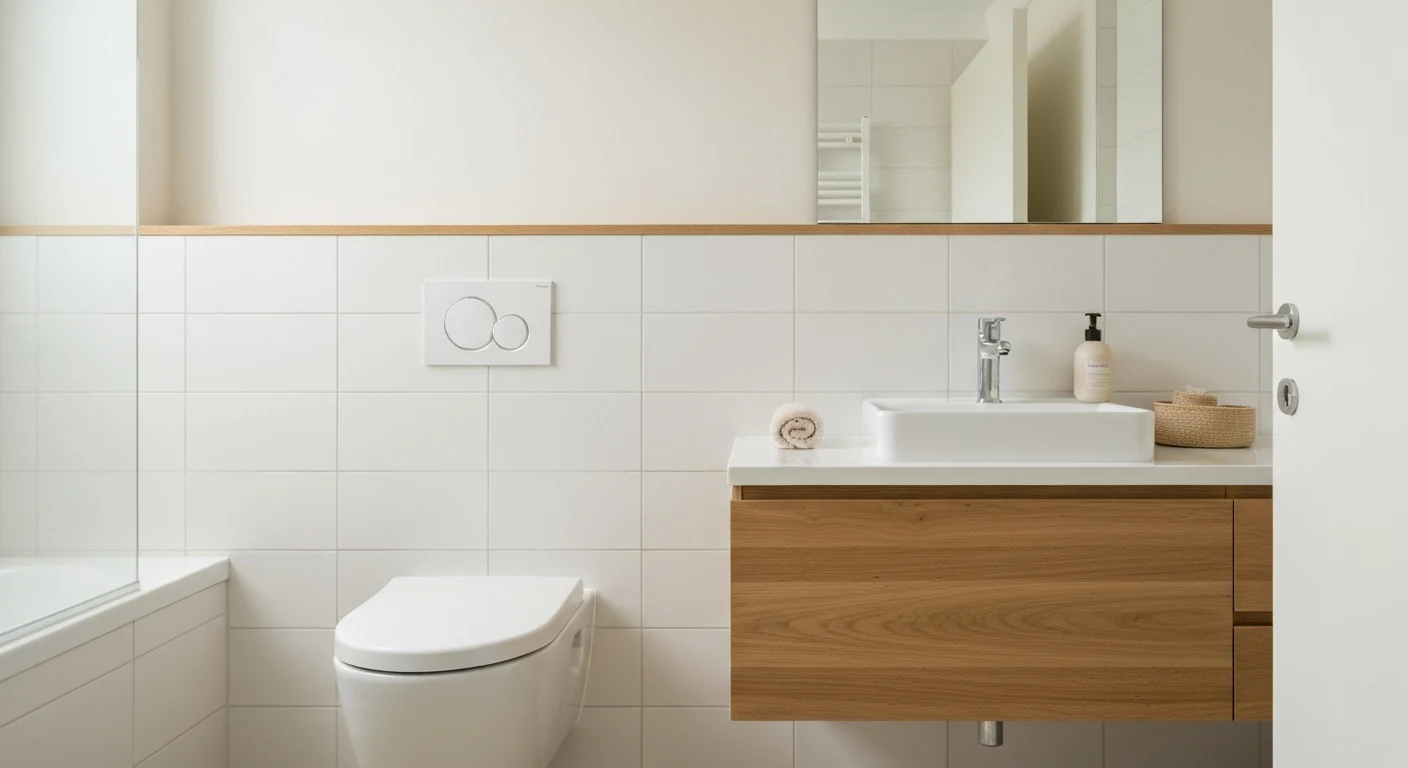 Small bathroom with over-toilet three-tier storage unit, mirrored medicine cabinet, and corner shelf