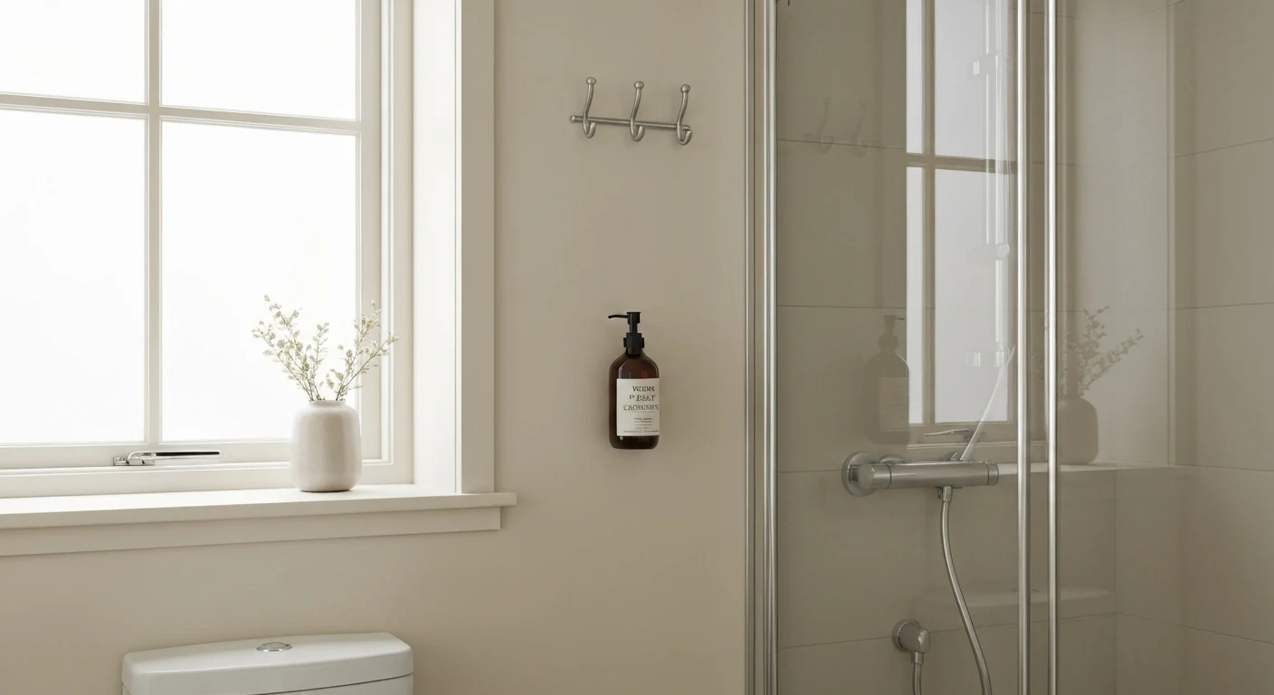 Small bathroom counter with wall-mounted soap dispenser, hook rail for towels, and clear glass shower door