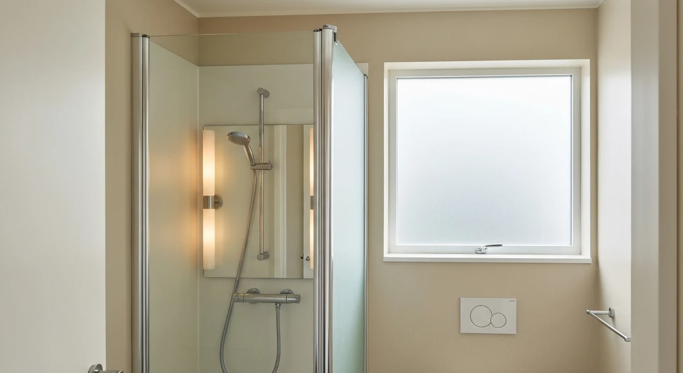 Small bathroom with large frameless fog-free mirror, two vertical sconces, and natural light from frosted window