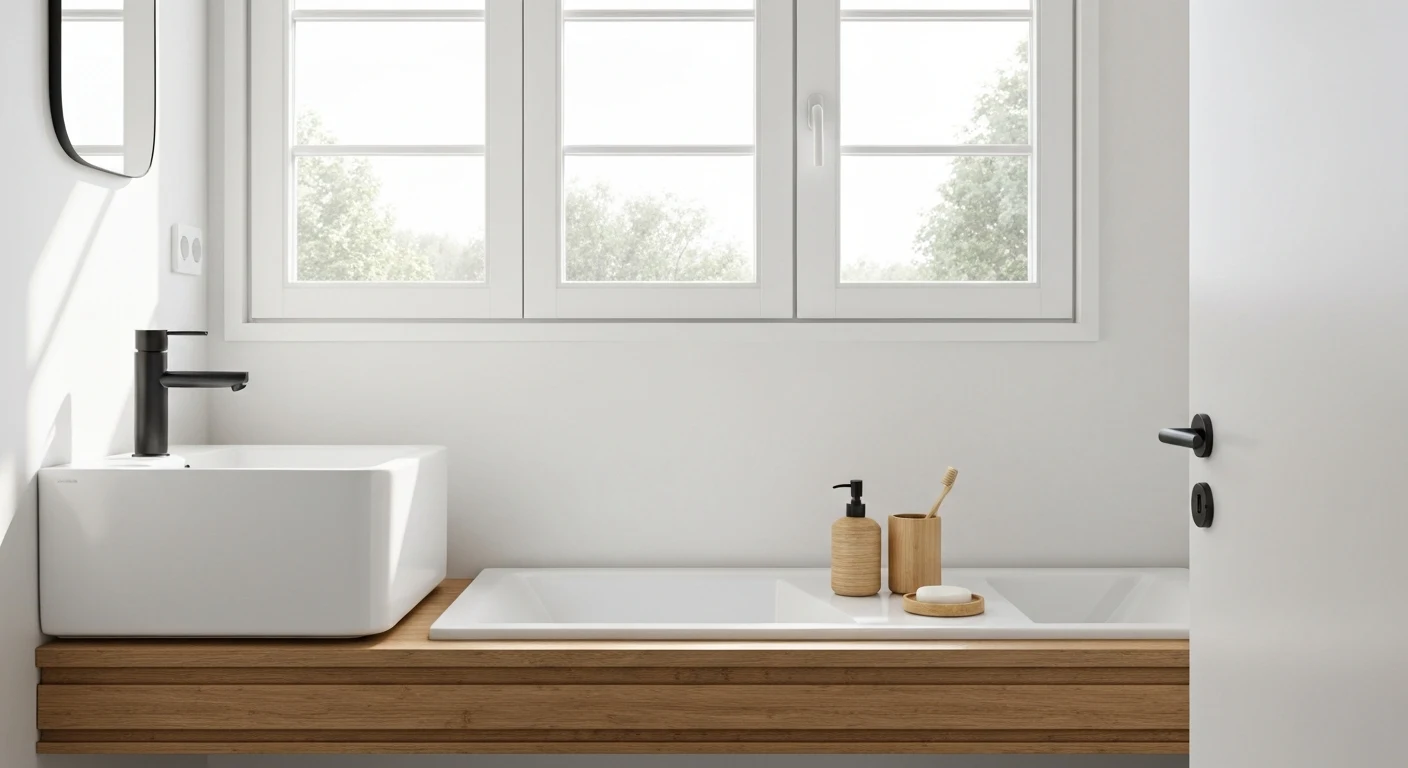 Minimalist small bathroom with floating vanity, vessel sink, white walls, teak mat, and three grouped accessories