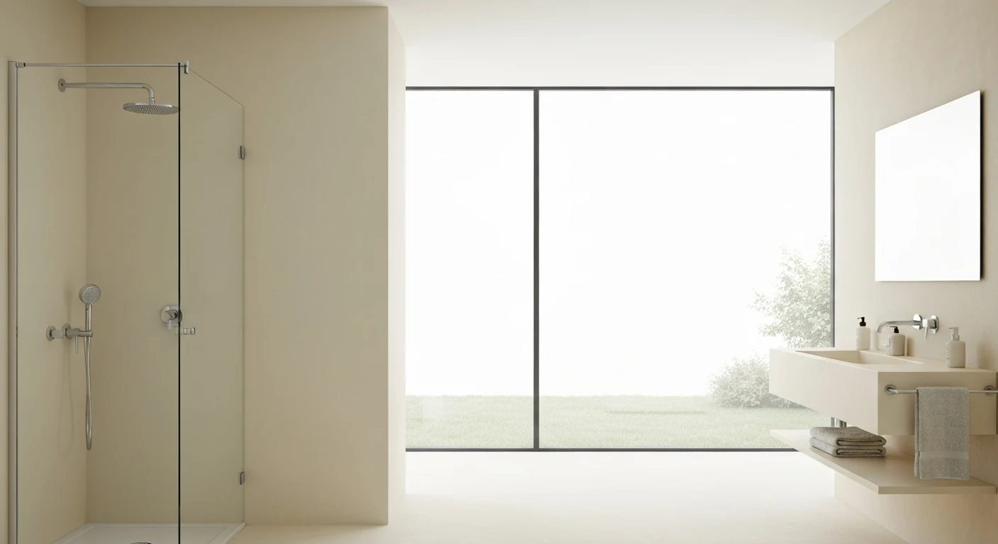 Small bathroom with large-format 12x24 tiles running lengthwise, continuous floor into shower, no threshold