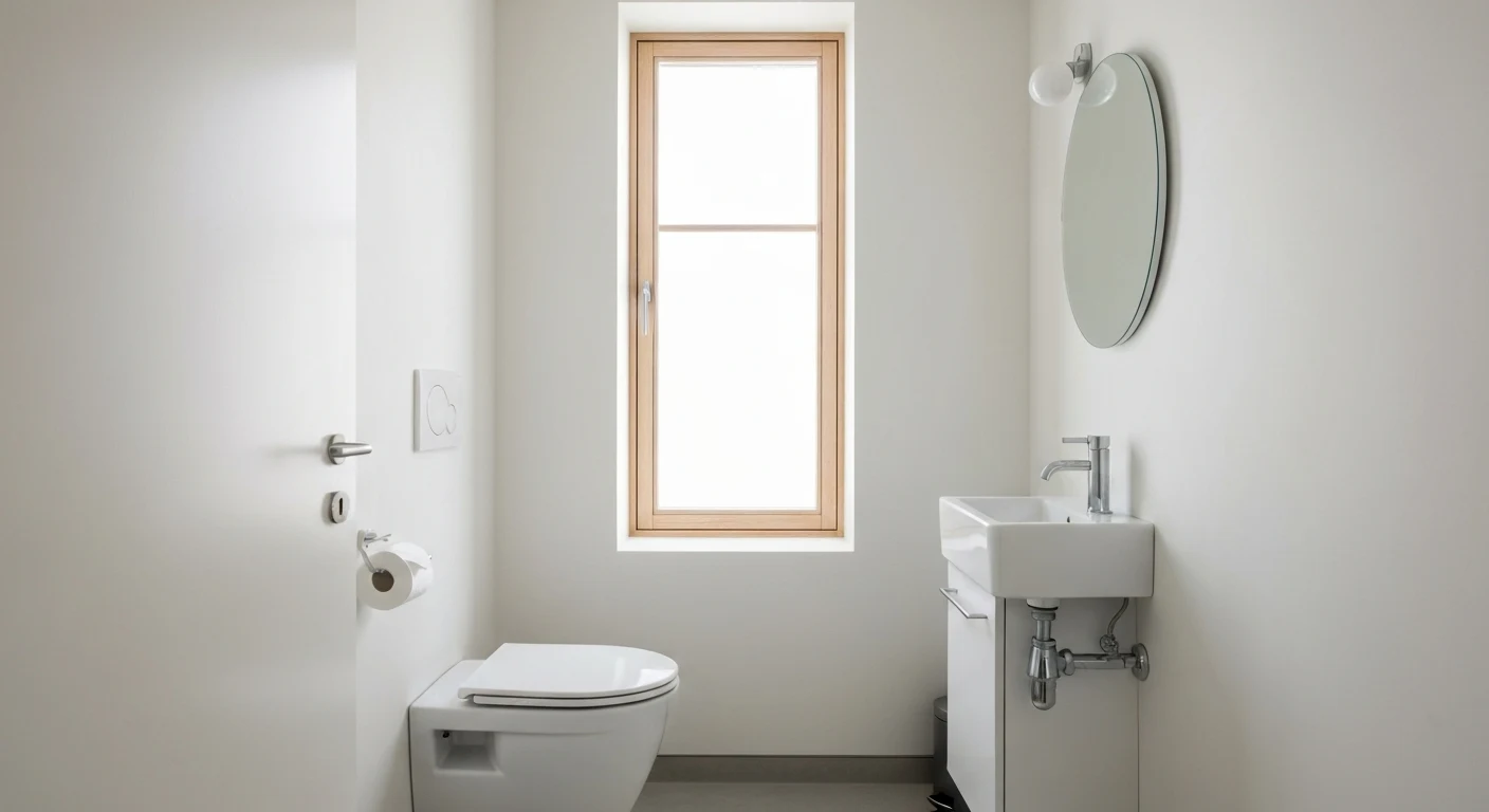 Small bathroom shelf above toilet with trailing pothos plant in ceramic pot and woven basket