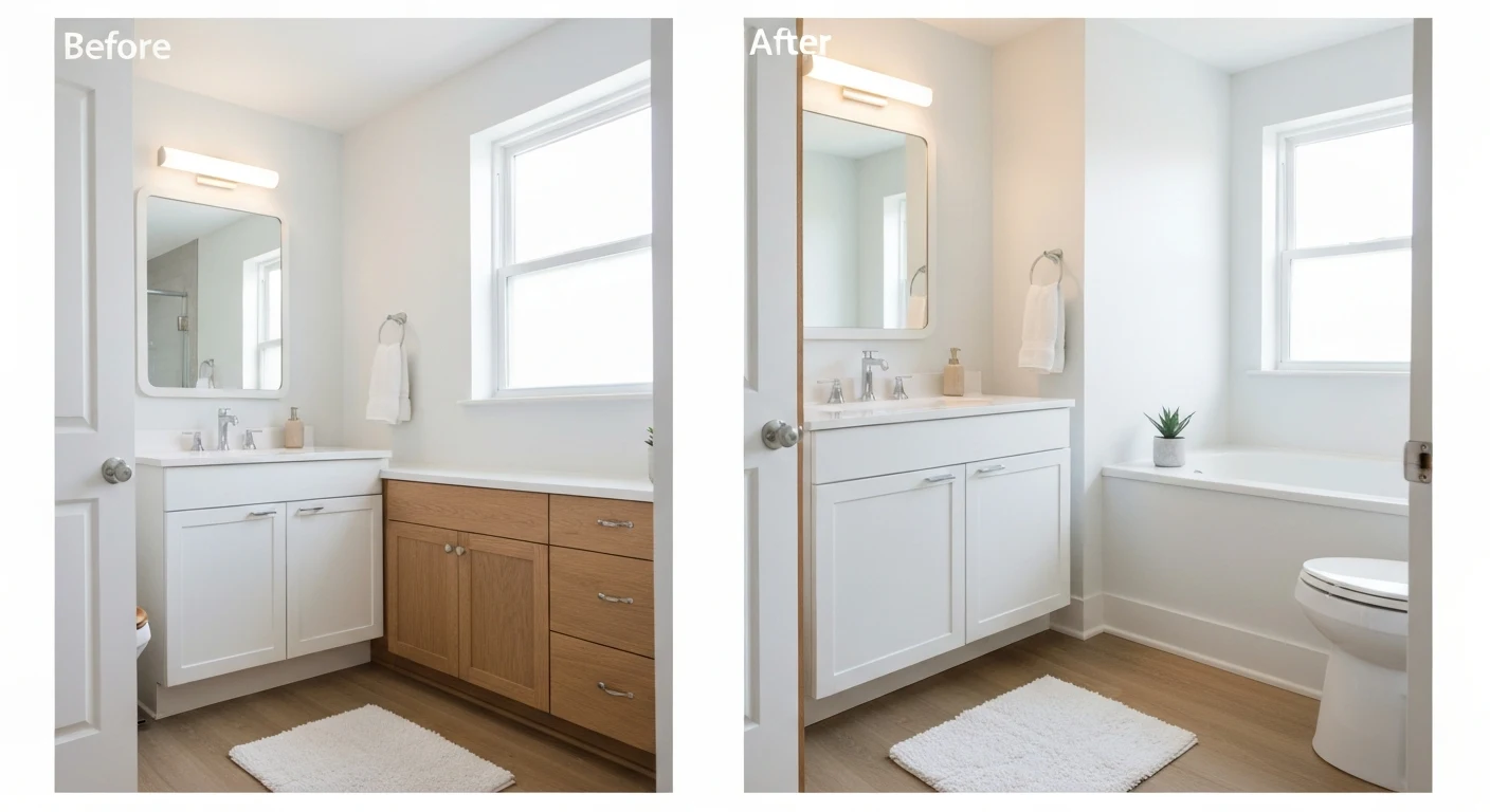 Small bathroom before and after budget makeover: new light paint, updated hardware, LED vanity light, single plant