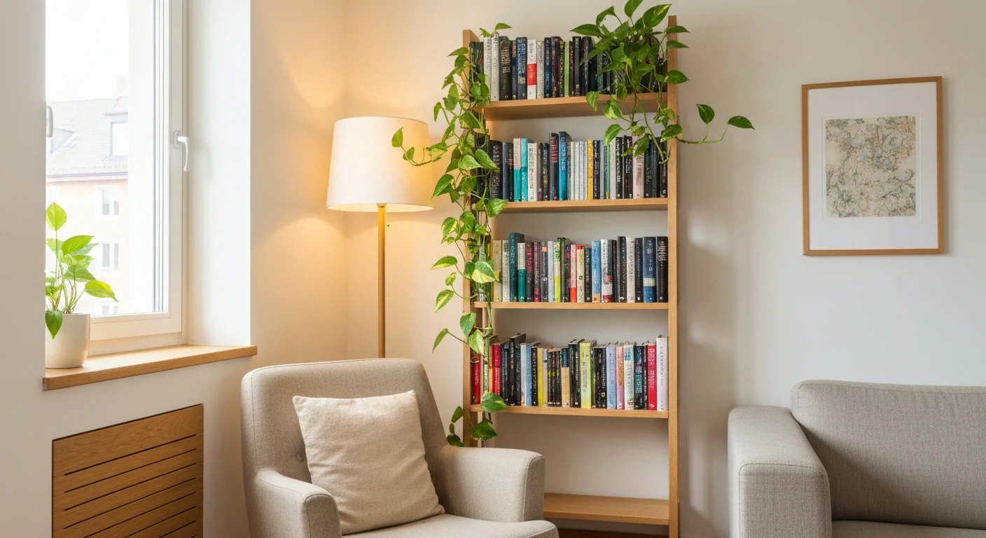 Cozy small apartment reading corner with a compact armchair, tall narrow bookshelf, and trailing green plants beside a sunny window