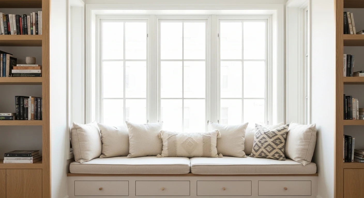 Built-in window seat reading nook with thick cushions, patterned throw pillows, and bookshelves on either side of bright windows