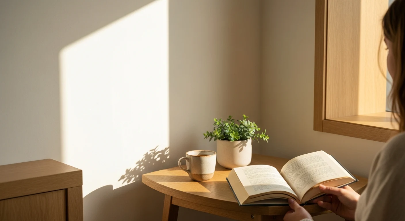 Person reading an open book at a small cozy corner table with warm golden afternoon sunlight and a ceramic cup of tea nearby