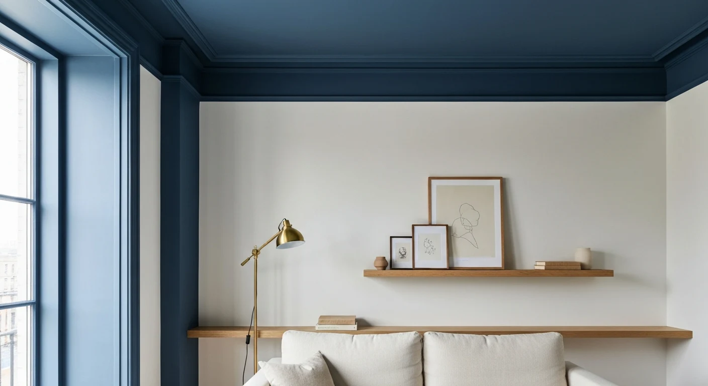 Bright minimalist small apartment living room with deep navy blue walls, ceiling, and trim all painted the same color, warm brass lamp, cream sofa, oak floating shelf