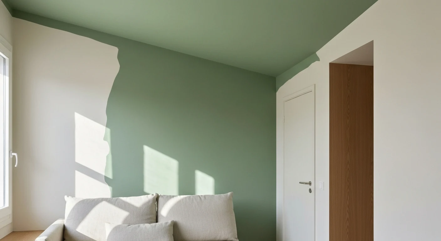 Small cozy apartment room with sage green color drenching on walls and ceiling, warm natural light, minimal linen furniture creating jewel box effect