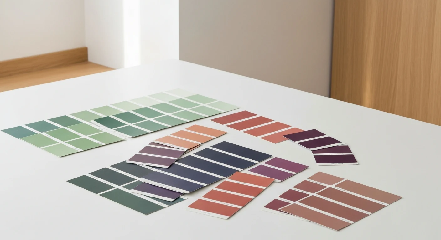 Flat lay arrangement of paint color swatches and samples in deep greens, terracottas, navies and plums on a white surface, editorial interior design photography