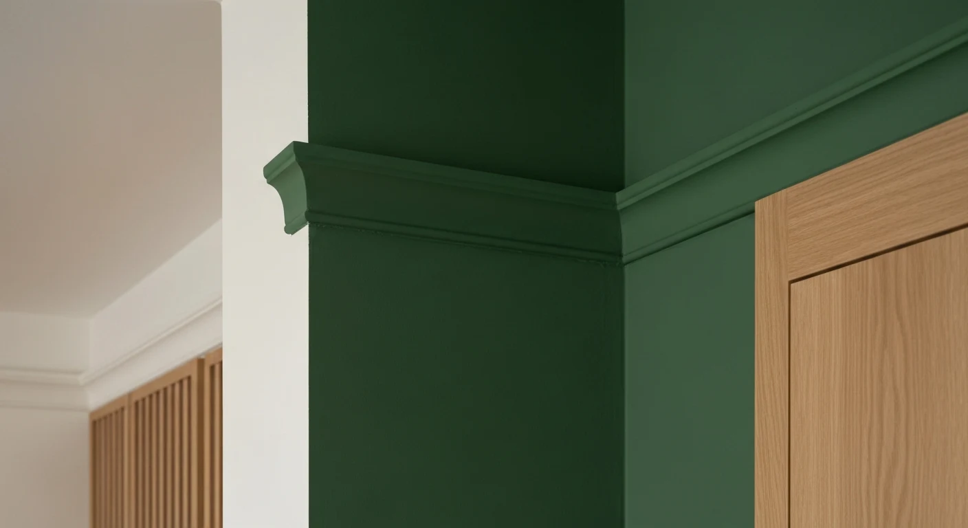 Close-up detail of color-drenched room corner showing wall meeting ceiling and trim all painted in same deep forest green, subtle difference in paint sheen visible in natural light