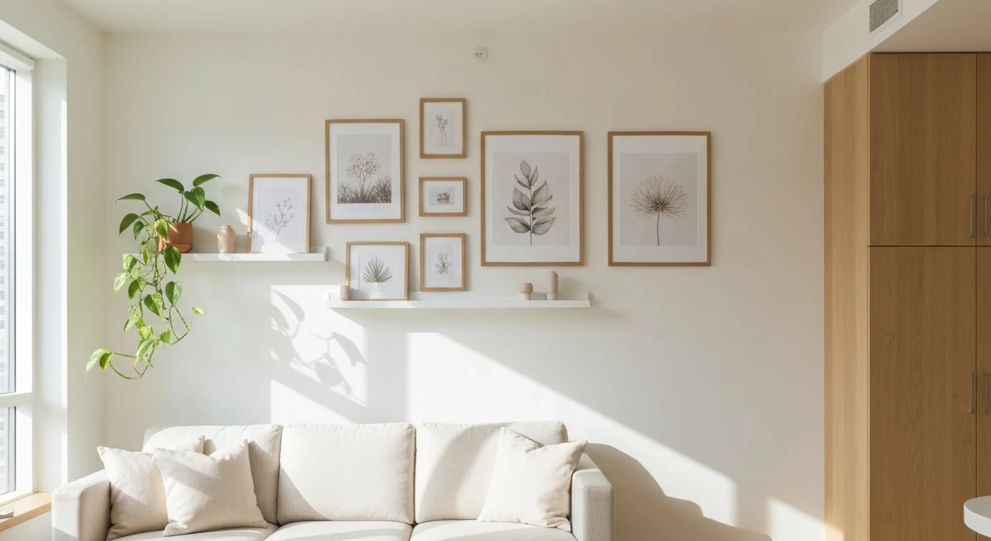 Bright modern small apartment living room with gallery wall of framed prints mounted with command strips, white walls, warm natural light, cream sofa, trailing pothos on floating shelf